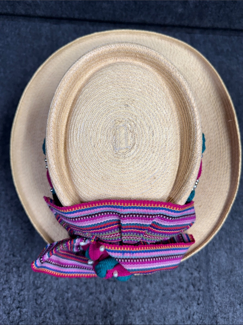 Maya Quiche Indian Straw Boater Hat with Pink & Teal Braided Band - Picture 5 of 6